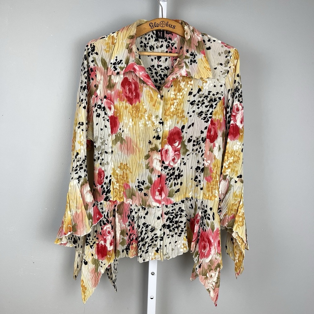 Vintage‎ Milano Crinkle Top Womens L Floral Animal Print Bell Sleeve Shirt Y2K